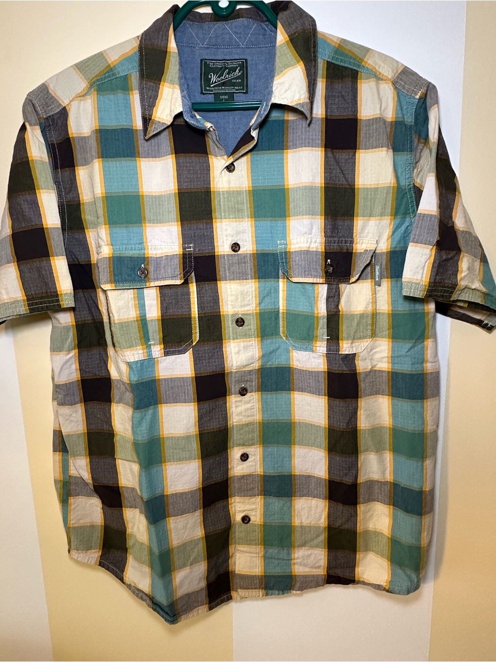 Woolrich Short Sleeve Plaid Button-Up Shirt - Teal/White/Gray Mens Size Large